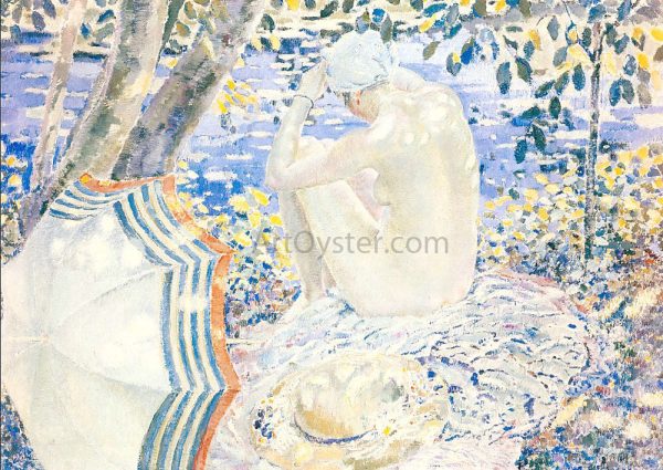 On the Bank by Frederick Carl Frieseke - Hand-Painted Oil Painting on Canvas For Sale