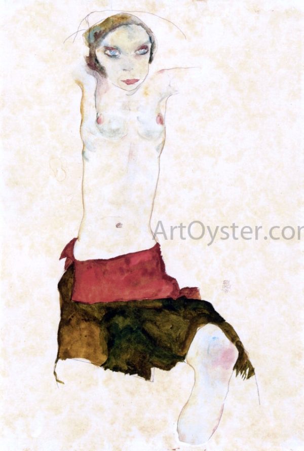 Semi-Nude with Colored Skirt and Raised Arms by Egon Schiele - Hand-Painted Oil Painting on Canvas For Discount