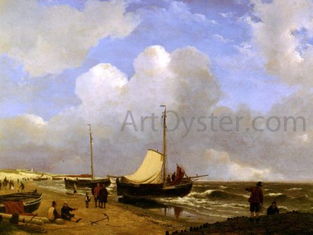 Moored on the Beach by Andreas Schelfhout - Hand-Painted Oil Painting on Canvas Online now