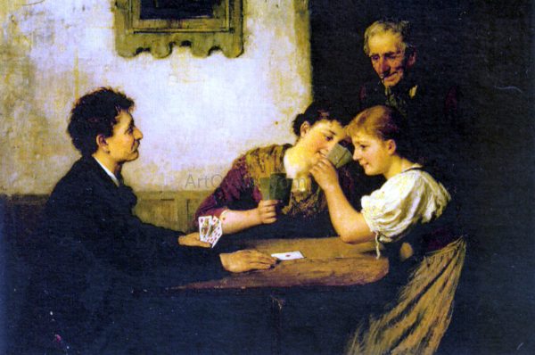 The Card Game by Hugo Oehmichen - Hand-Painted Oil Painting on Canvas on Sale