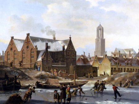 Skaters on a Frozen Canal by Jan Hendrik Verheijen - Hand-Painted Oil Painting on Canvas For Cheap