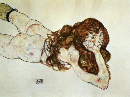 Female Nude Lying on Her Stomach by Egon Schiele - Hand-Painted Oil Painting on Canvas For Discount