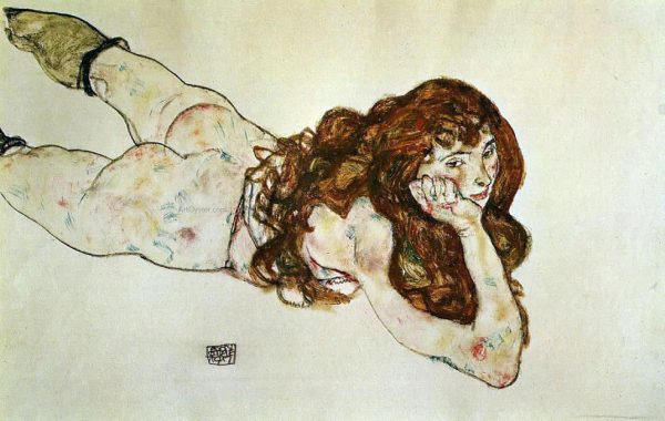 Female Nude Lying on Her Stomach by Egon Schiele - Hand-Painted Oil Painting on Canvas For Discount