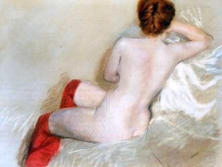 Nude with Red Stockings by Giuseppe De Nittis - Hand-Painted Oil Painting on Canvas For Sale