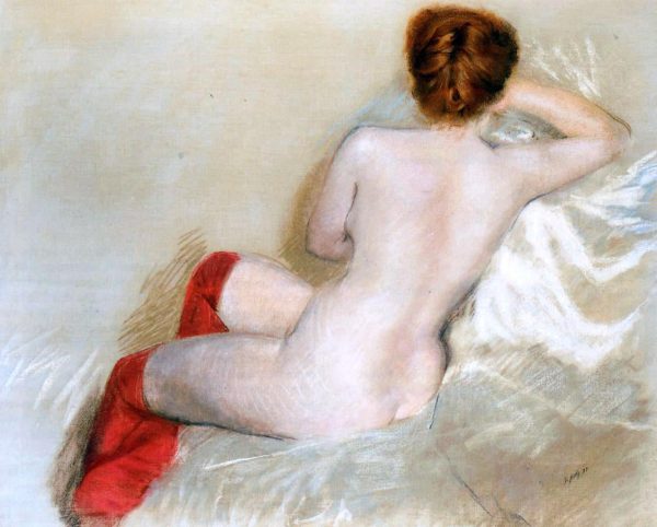 Nude with Red Stockings by Giuseppe De Nittis - Hand-Painted Oil Painting on Canvas For Sale