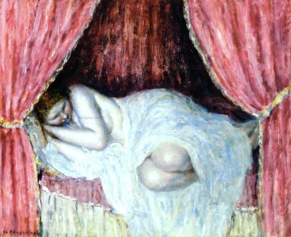 Nude Behind Red Curtains by Frederick Carl Frieseke - Hand-Painted Oil Painting on Canvas For Sale