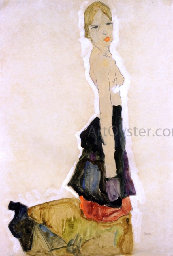 Kneeling Semi-Nude by Egon Schiele - Hand-Painted Oil Painting on Canvas Online