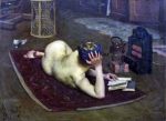 Nude Reading at Studio Fire by Lindsey Bernard Hall - Hand-Painted Oil Painting on Canvas For Sale