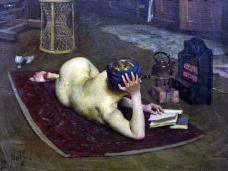 Nude Reading at Studio Fire by Lindsey Bernard Hall - Hand-Painted Oil Painting on Canvas For Sale