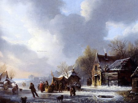 Skaters On A Frozen River Near A  Koek En Zopie  by Jacobus Van Der Stok - Hand-Painted Oil Painting on Canvas Cheap