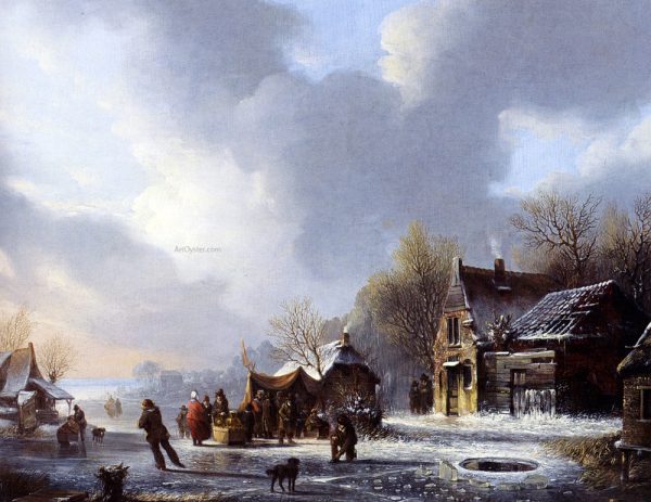 Skaters On A Frozen River Near A  Koek En Zopie  by Jacobus Van Der Stok - Hand-Painted Oil Painting on Canvas Cheap