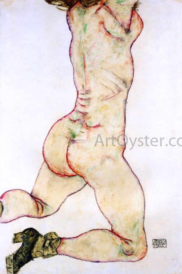 Kneeling Female Nude, Back View by Egon Schiele - Hand-Painted Oil Painting on Canvas For Discount