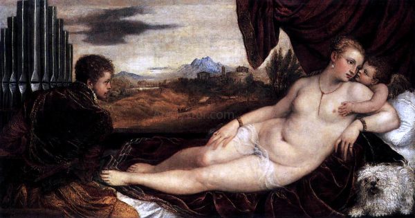 Venus and Cupid with an Organist by Titian - Hand-Painted Oil Painting on Canvas For Discount