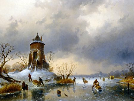 A Winter Landscape with Skaters on the Ice by Charles Joseph Leickert - Hand-Painted Oil Painting on Canvas For Sale