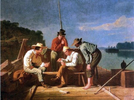 In a Quandry (also known as Mississippi Raftsmen Playing Cards) by George Caleb Bingham - Hand-Painted Oil Painting on Canvas Online now