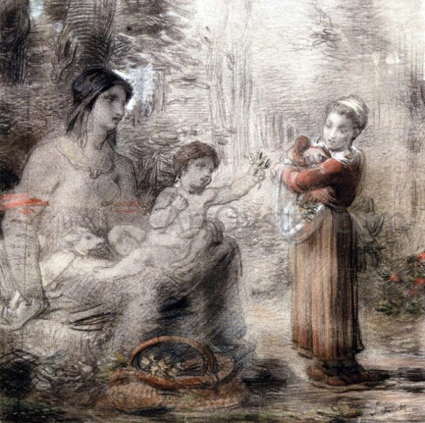 A Peasant Girl Offering Flowers to a Woman and Child by William P Babcock - Hand-Painted Oil Painting on Canvas Online