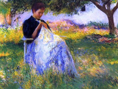 A Girl Sewing in an Orchard by Edmund Tarbell - Hand-Painted Oil Painting on Canvas Discount