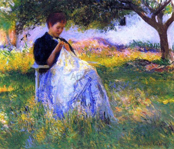 A Girl Sewing in an Orchard by Edmund Tarbell - Hand-Painted Oil Painting on Canvas Discount