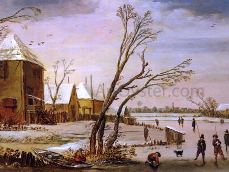 A Winter Landscape with Skaters on a Frozen River by Esaias Van de Velde - Hand-Painted Oil Painting on Canvas Online Hot Sale