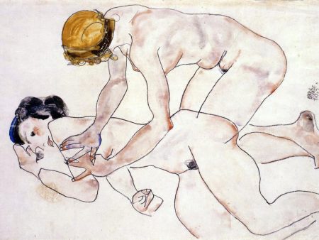 Two Female Nudes, One Reclining, One Kneeling (also known as The Friends) by Egon Schiele - Hand-Painted Oil Painting on Canvas Hot on Sale